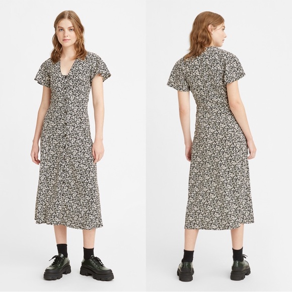 LEVI’S NWT Black White & Yellow Ditsy Floral Printed Button Down 90s Midi Dress - Picture 11 of 11